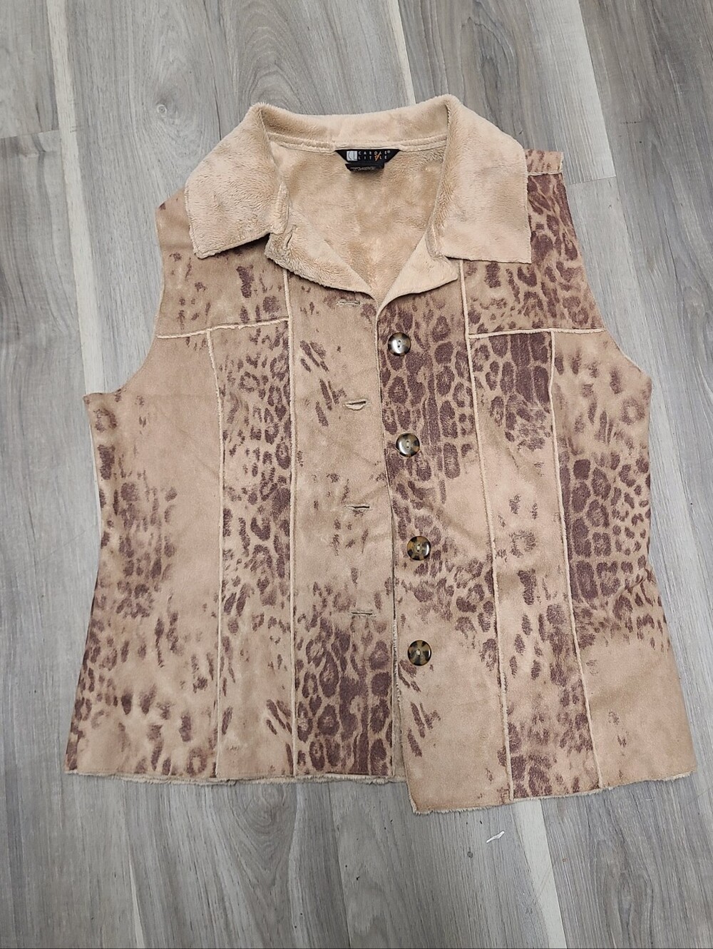 Vintage Suede Leopard Print Vest - Beige Brown